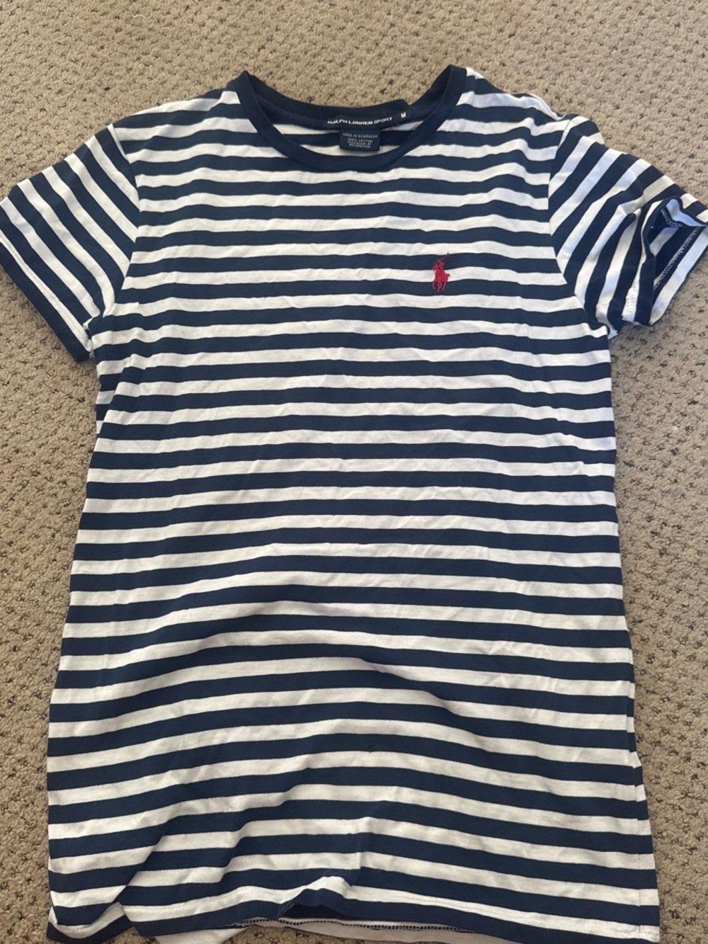 Ralph Lauren Sport Navy & White Striped Tee with Red Logo